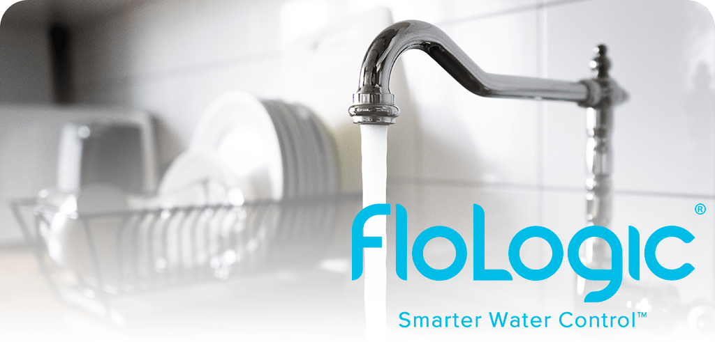 Water flowing from a chrome kitchen faucet with the FloLogic logo and 'Smarter Water Control' tagline nearby.